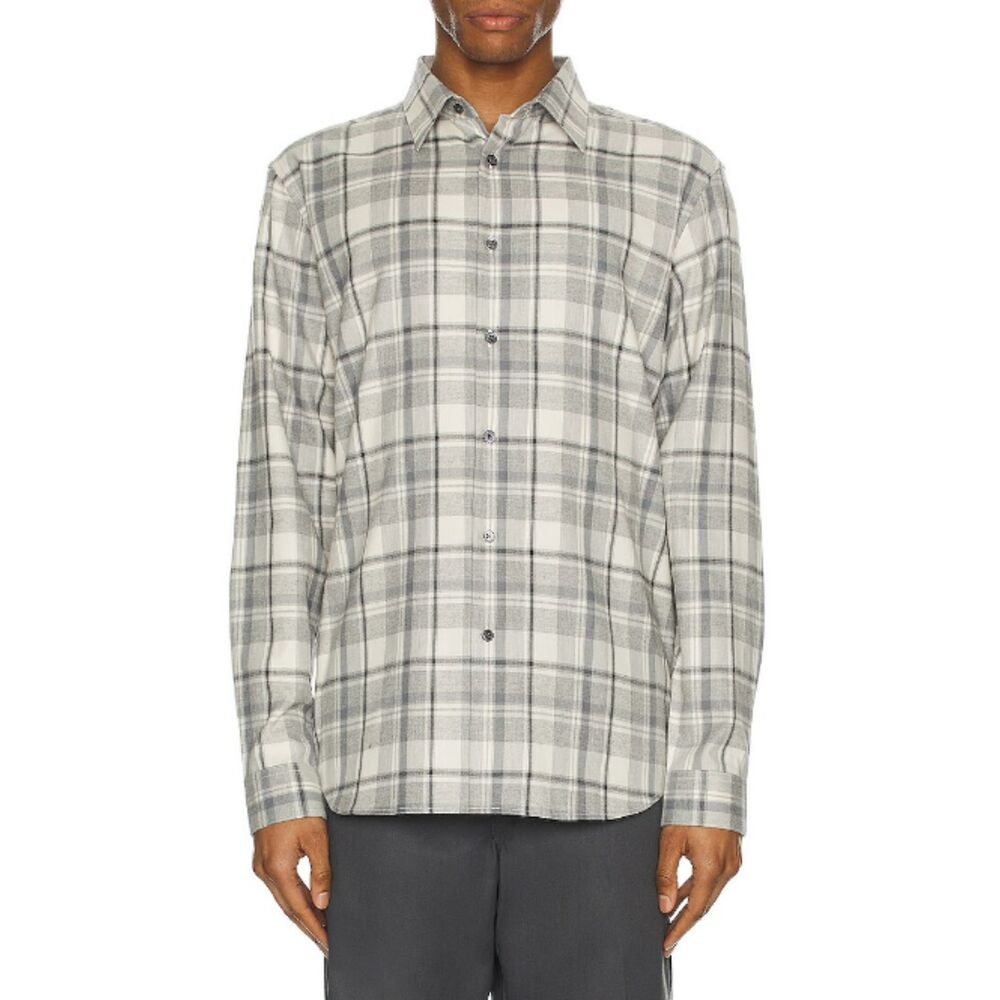 Theory Men's Ivory Size Large Multi Irving Medium Plaid Woven Button Up Shirt
